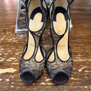 Christian Louboutin Black Lace T-Strap Peep Toe Heels 35.5